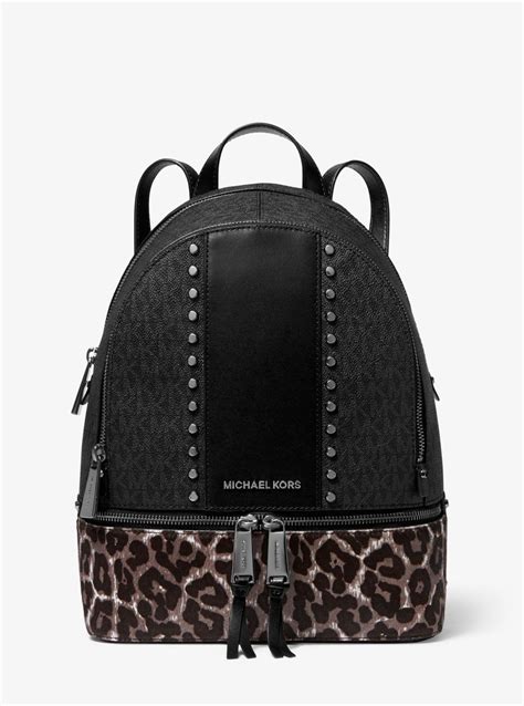 michael kors leopard print bag studs black lining|Rhea Medium Studded Logo and Leopard Calf Hair Backpack.